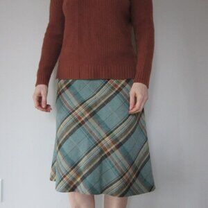 Vintage 60’s Wool Plaid A-Line Midi Skirt. Muted-Blue Brown Rust & Blue. Small.